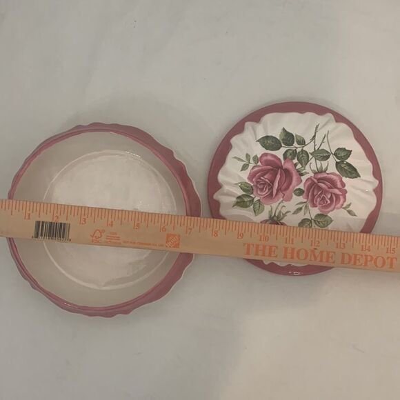Rose Handcrafted Porcelain Pink White Green Floral Rice Trinket Bowl Jar 32 Oz - Picture 4 of 5